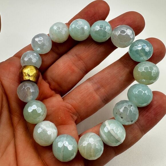 12mm faceted "Aquamarine" stone stretchy bracelet, size 7 - Picture 6 of 15